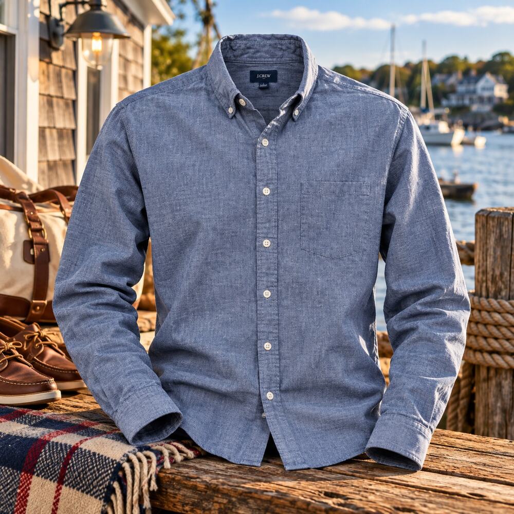 J Crew Chambray Shirt Mens Large Blue 100% Cotton Button Down Style 92043
